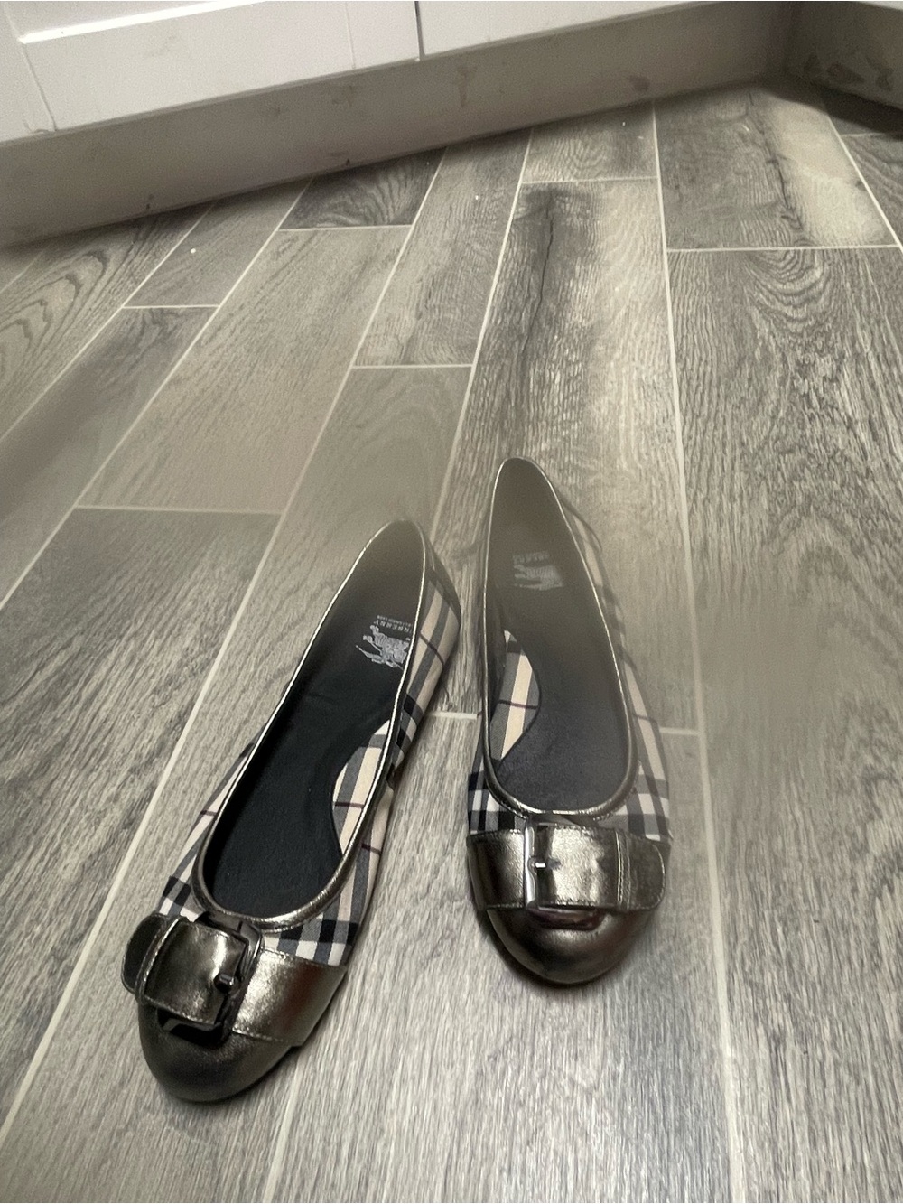 Burberry Black and White Plaid Metallic Bow Flats